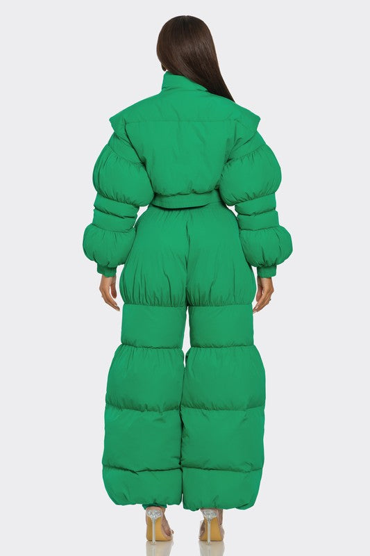 Women's Green Puffer Two-Piece Set