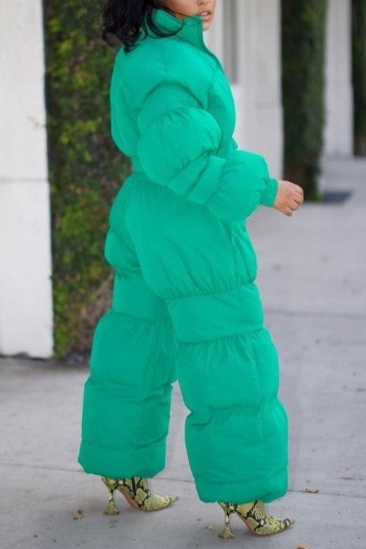 Women's Green Puffer Two-Piece Set