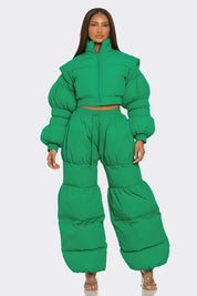 Women's Green Puffer Two-Piece Set