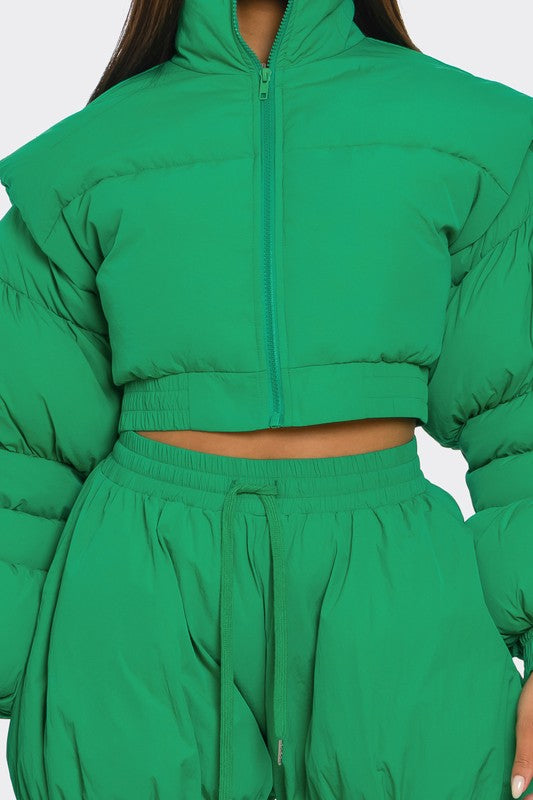 Women's Green Puffer Two-Piece Set