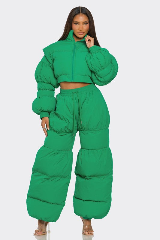 Women's Green Puffer Two-Piece Set