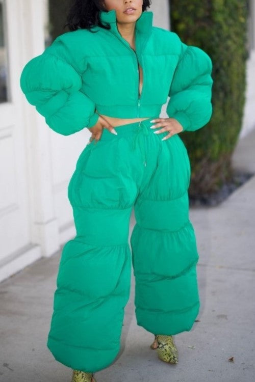 Women's Green Puffer Two-Piece Set