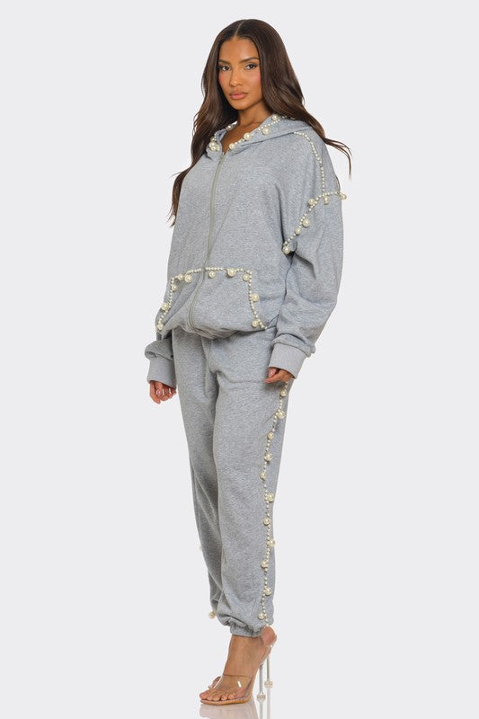 Women's Pearl-Embellished Relaxed Fit Jogger Set