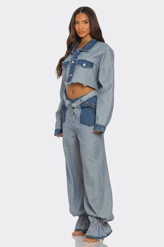 Women's Cropped Two-Tone Denim Jacket and Wide-Leg Pants Set