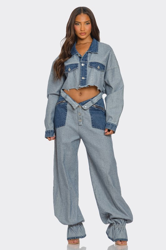 Women's Cropped Two-Tone Denim Jacket and Wide-Leg Pants Set