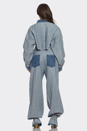 Women's Cropped Two-Tone Denim Jacket and Wide-Leg Pants Set