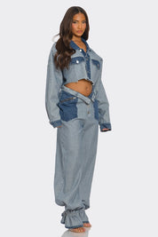 Women's Cropped Two-Tone Denim Jacket and Wide-Leg Pants Set