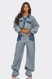 Women's Cropped Two-Tone Denim Jacket and Wide-Leg Pants Set