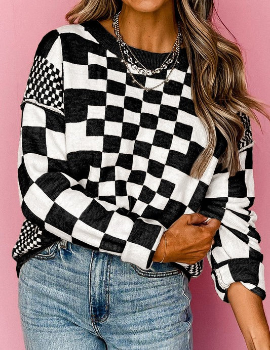 Checkered Print Drop Shoulder Round Neck Sweater