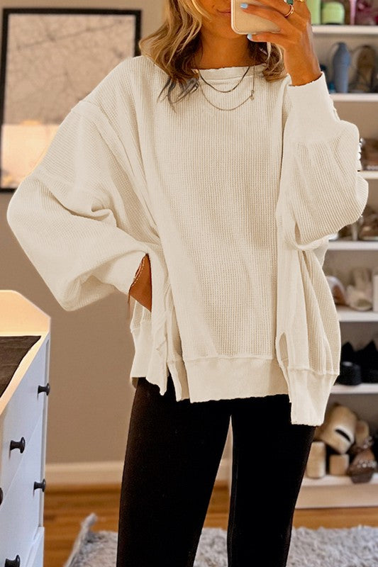 Women's Oversized Waffle Knit Bishop Sleeve Sweatshirt