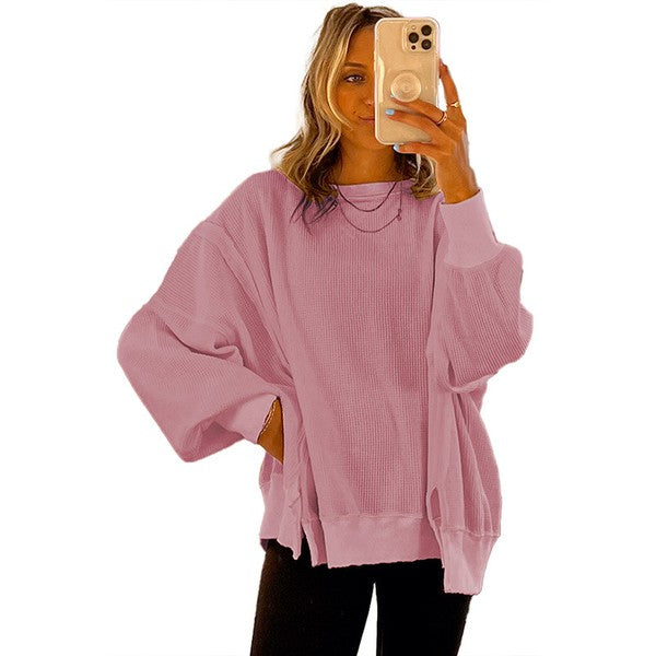 Women's Oversized Waffle Knit Bishop Sleeve Sweatshirt