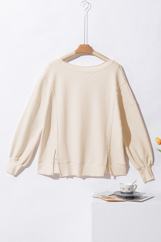 Women's Oversized Waffle Knit Bishop Sleeve Sweatshirt