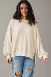 Women's Oversized Waffle Knit Bishop Sleeve Sweatshirt