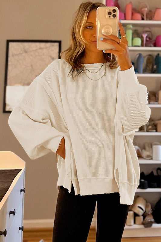 Women's Oversized Waffle Knit Bishop Sleeve Sweatshirt