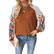 Women's Long Sleeve Ribbed Blouse with Green Floral Patchwork