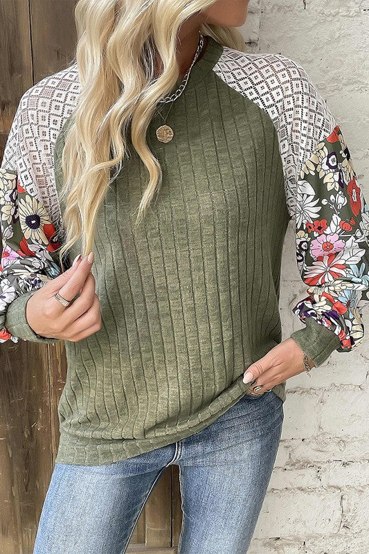 Women's Long Sleeve Ribbed Blouse with Green Floral Patchwork