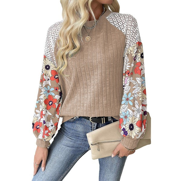 Women's Long Sleeve Ribbed Blouse with Green Floral Patchwork