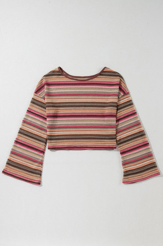 Women's Cropped Wide Sleeve Ethnic Striped Top