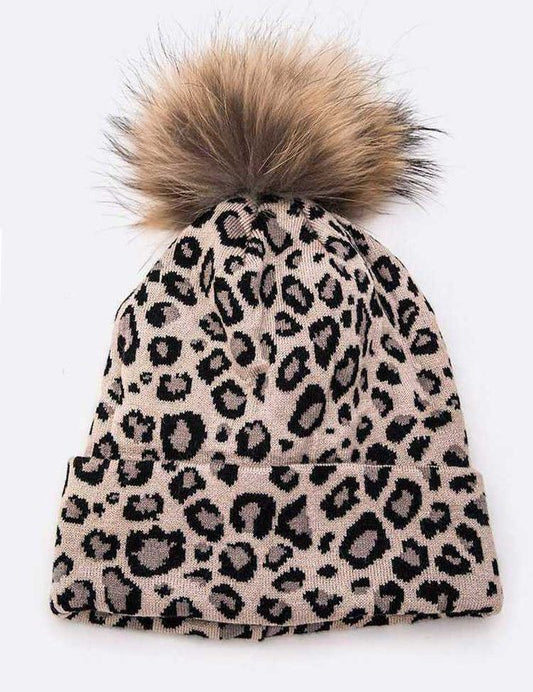 Women's Detachable Fur Pom Leopard Print Beanie