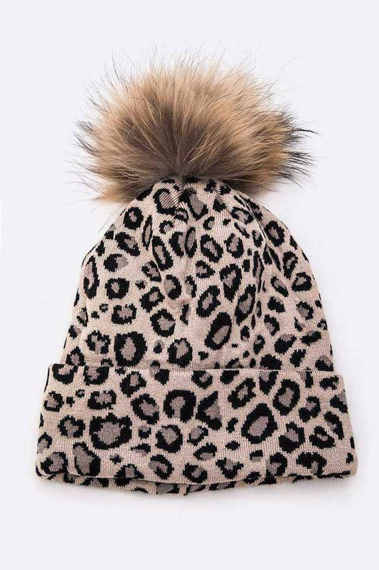 Women's Detachable Fur Pom Leopard Print Beanie