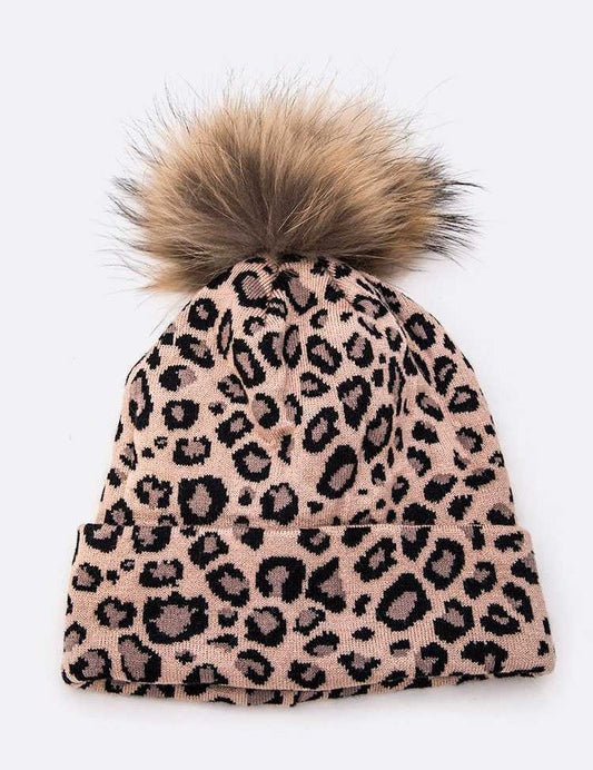 Women's Detachable Fur Pom Leopard Print Beanie