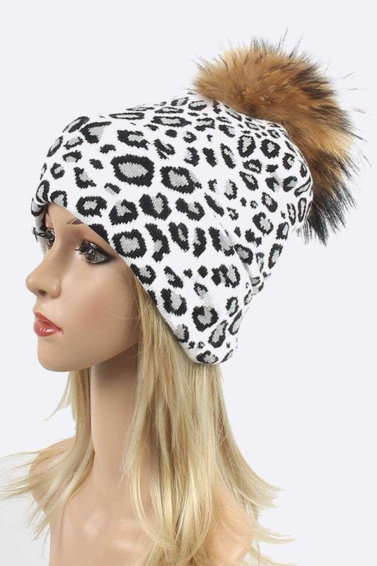 Women's Detachable Fur Pom Leopard Print Beanie