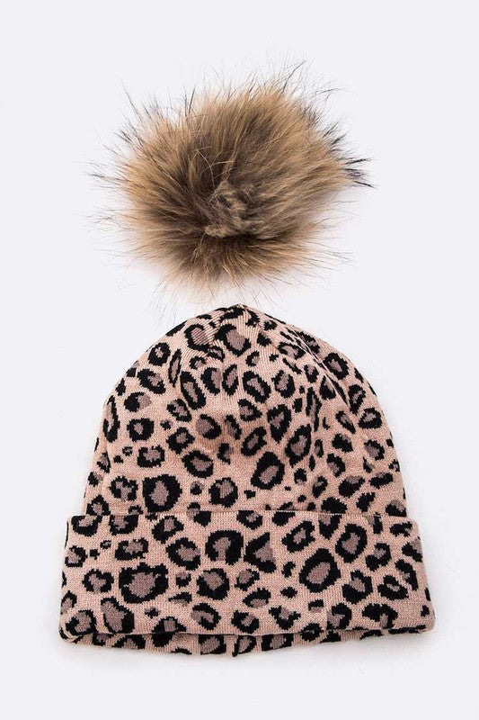 Women's Detachable Fur Pom Leopard Print Beanie