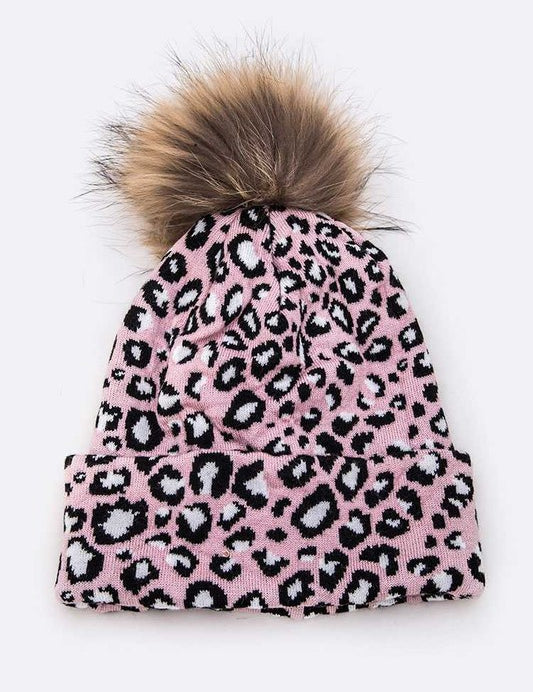 Women's Detachable Fur Pom Leopard Print Beanie