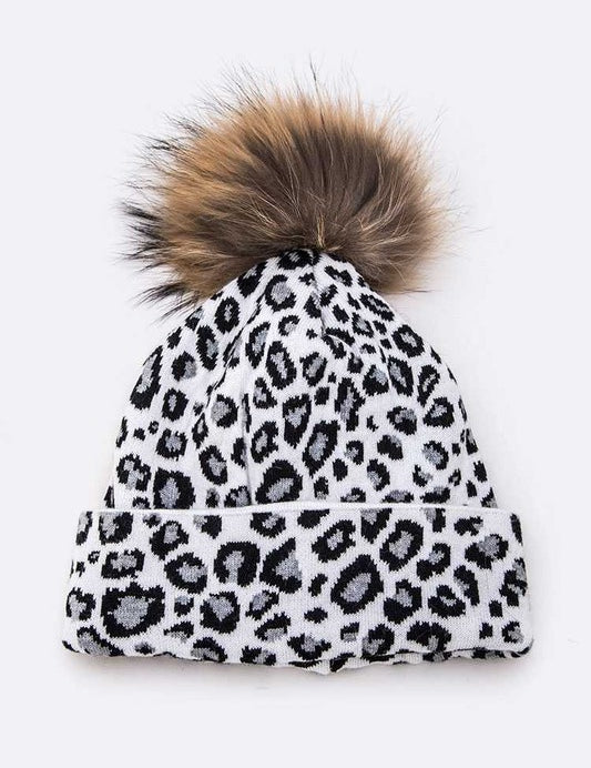 Women's Detachable Fur Pom Leopard Print Beanie