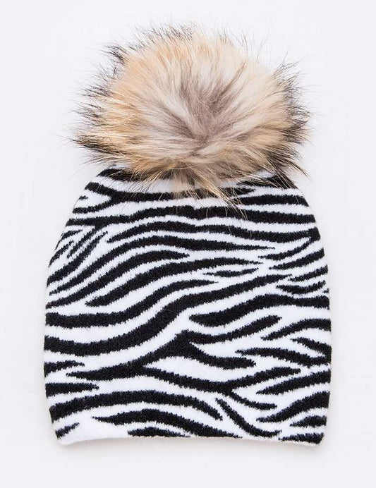 Women's Iconic Beanie with Detachable Raccoon Fur Pom