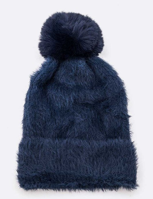 Women's Mohair Blend Faux Fur Pom Beanie