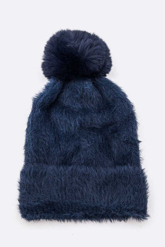 Women's Mohair Blend Faux Fur Pom Beanie