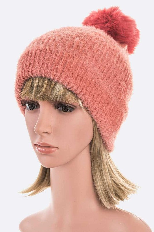 Women's Mohair Blend Faux Fur Pom Beanie