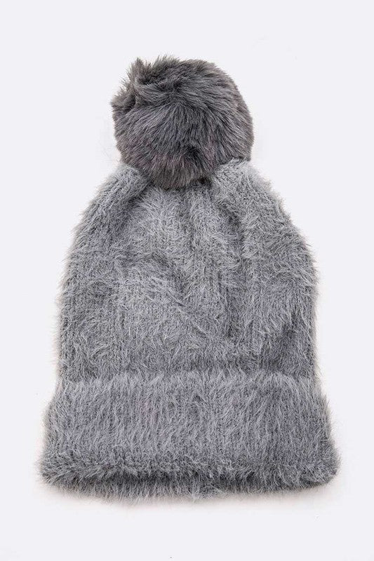 Women's Mohair Blend Faux Fur Pom Beanie