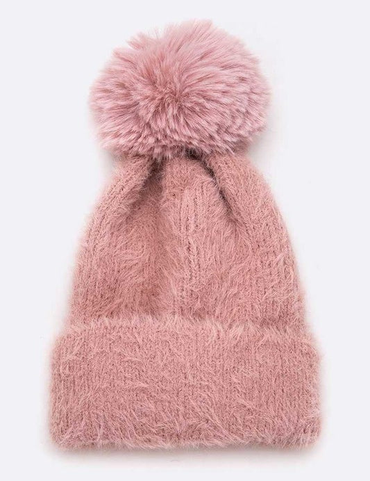 Women's Mohair Blend Faux Fur Pom Beanie