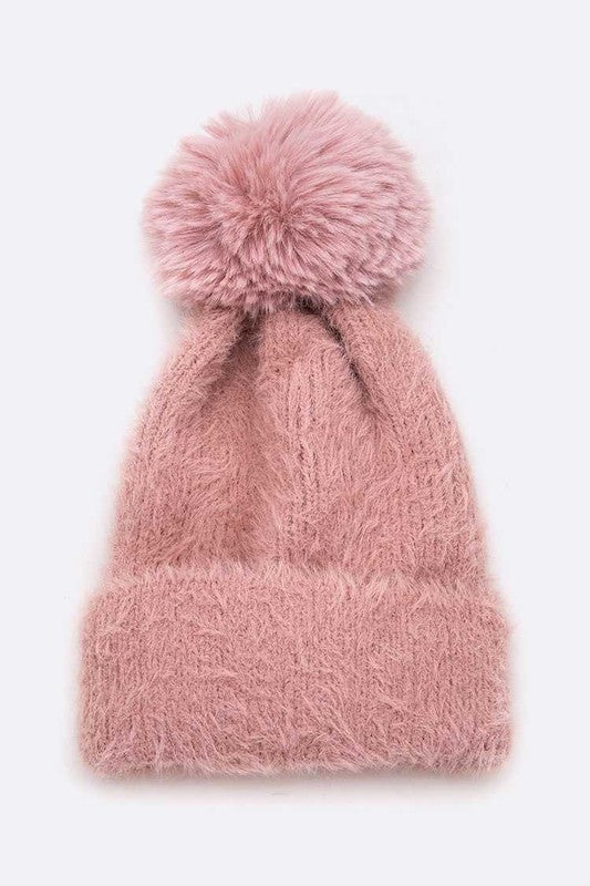 Women's Mohair Blend Faux Fur Pom Beanie