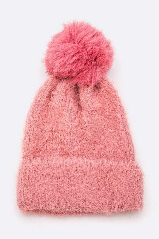 Women's Mohair Blend Faux Fur Pom Beanie