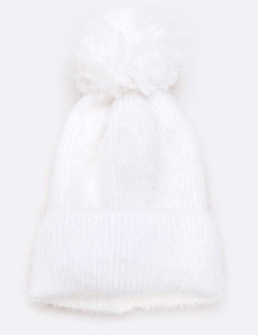 Women's Mohair Blend Faux Fur Pom Beanie