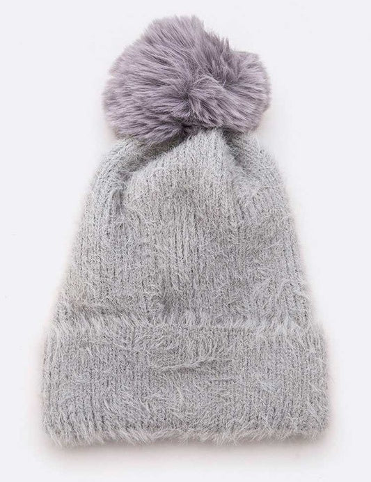 Women's Mohair Blend Faux Fur Pom Beanie