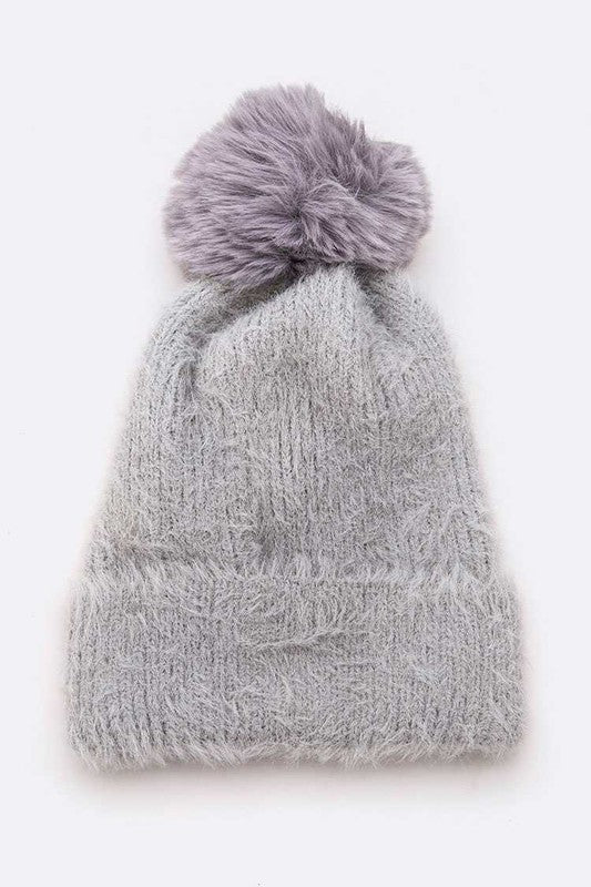 Women's Mohair Blend Faux Fur Pom Beanie