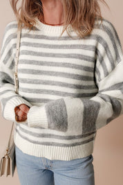 Women's Drop Shoulder Stripe Crew Neck Sweater