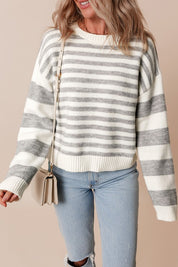 Women's Drop Shoulder Stripe Crew Neck Sweater