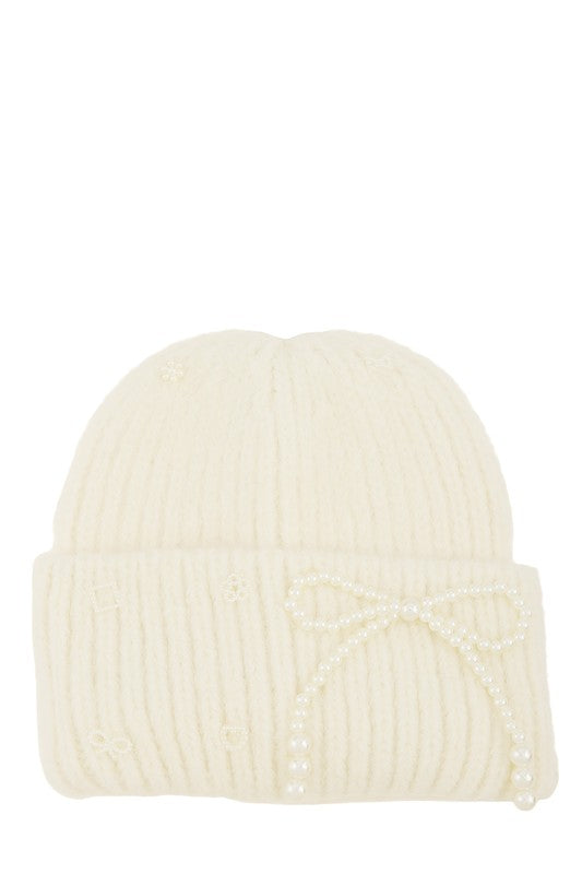 Women's Knitted Beanie Hat with Pearl Ribbon Accent