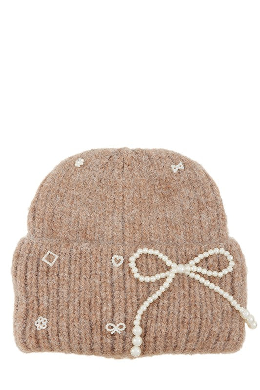 Women's Knitted Beanie Hat with Pearl Ribbon Accent