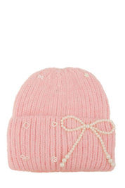 Women's Knitted Beanie Hat with Pearl Ribbon Accent