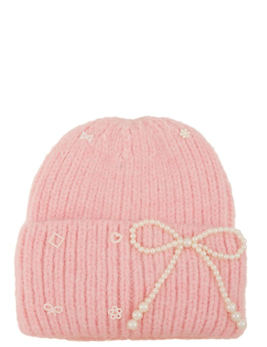 Women's Knitted Beanie Hat with Pearl Ribbon Accent