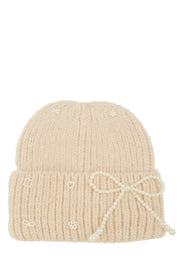 Women's Knitted Beanie Hat with Pearl Ribbon Accent