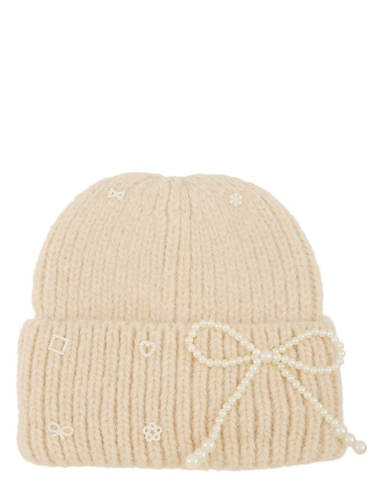 Women's Knitted Beanie Hat with Pearl Ribbon Accent