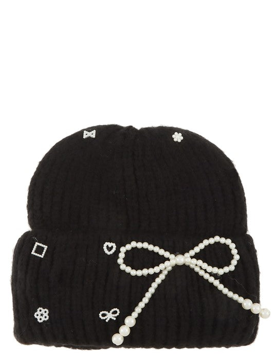 Women's Knitted Beanie Hat with Pearl Ribbon Accent