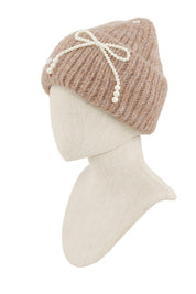 Women's Knitted Beanie Hat with Pearl Ribbon Accent